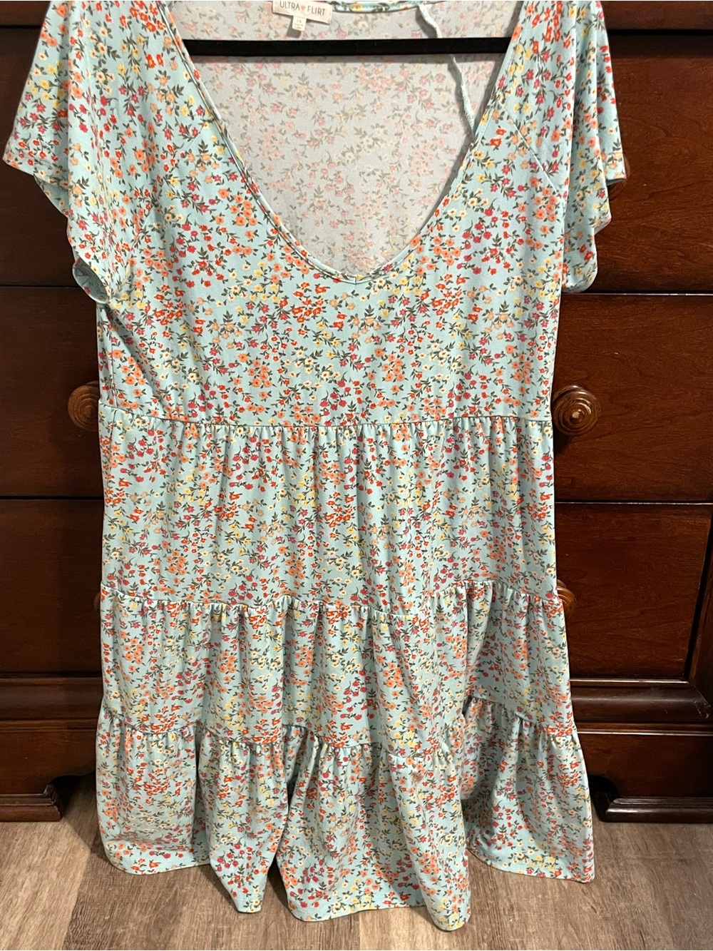Dress 1x ultra Flirt knit stretch tiered mint aqua tiny floral babydoll pretty